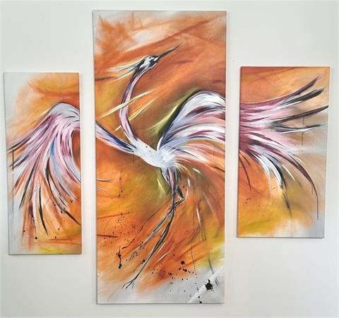 Gemälde "Bird of Paradies", Öl-Mixmed, 3 Stück: 150x98 cm, 162x72 cm, 95x48,5 cm