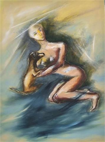 Gemälde "Kleiner Hund mit Frau", Öl, 137x100 cm